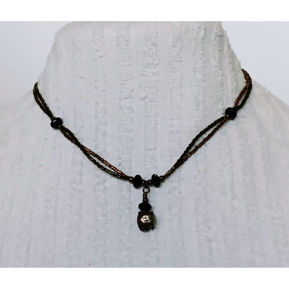 Dainty Sterling Silver Black & Gold Murano Glass Seed Bead Necklace 16 in